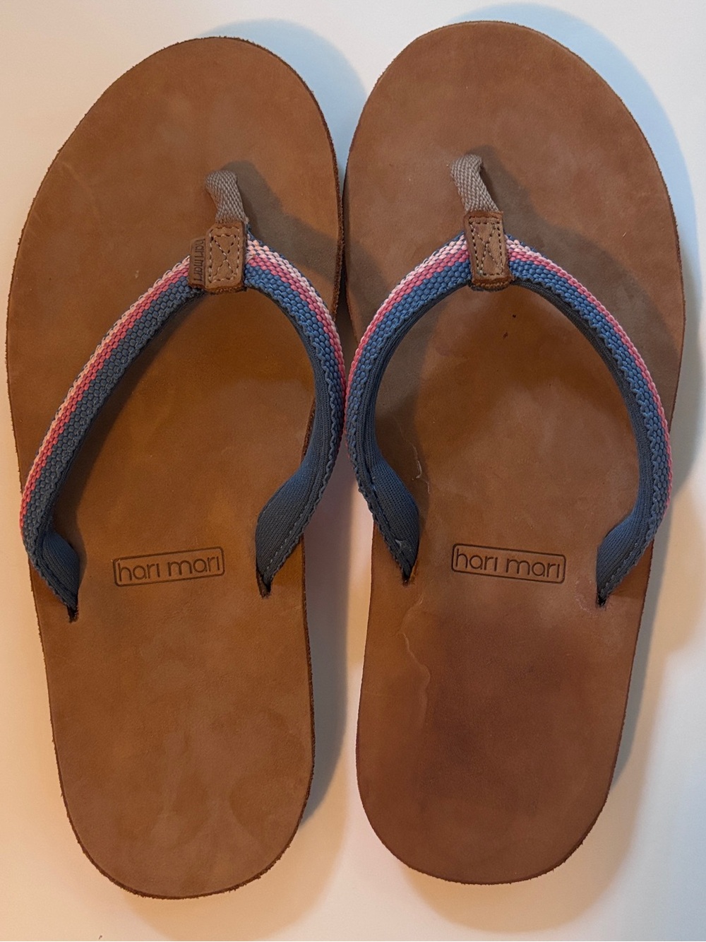 Hari Mari Striped Flip Flops w/ Fabric Straps Leather Bottom Beach Sandals